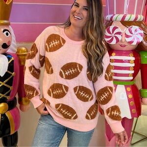 Simply Southern Pink Football Fuzzy Super Soft Sweater Knit Pullover Womens L